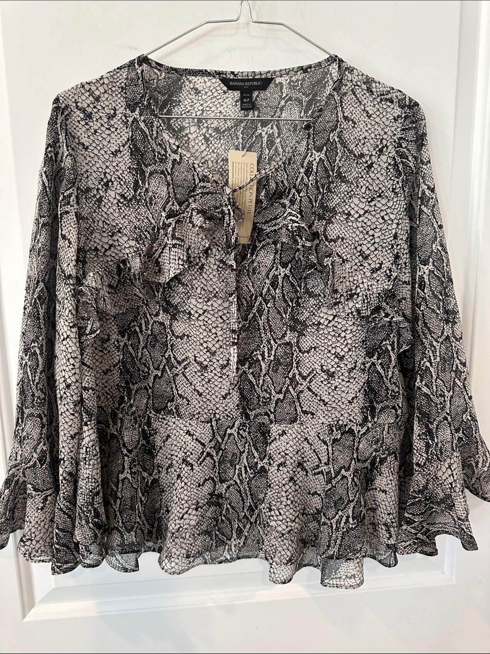 Banana Republic Black & White Snake-Print Ruffle Blouse